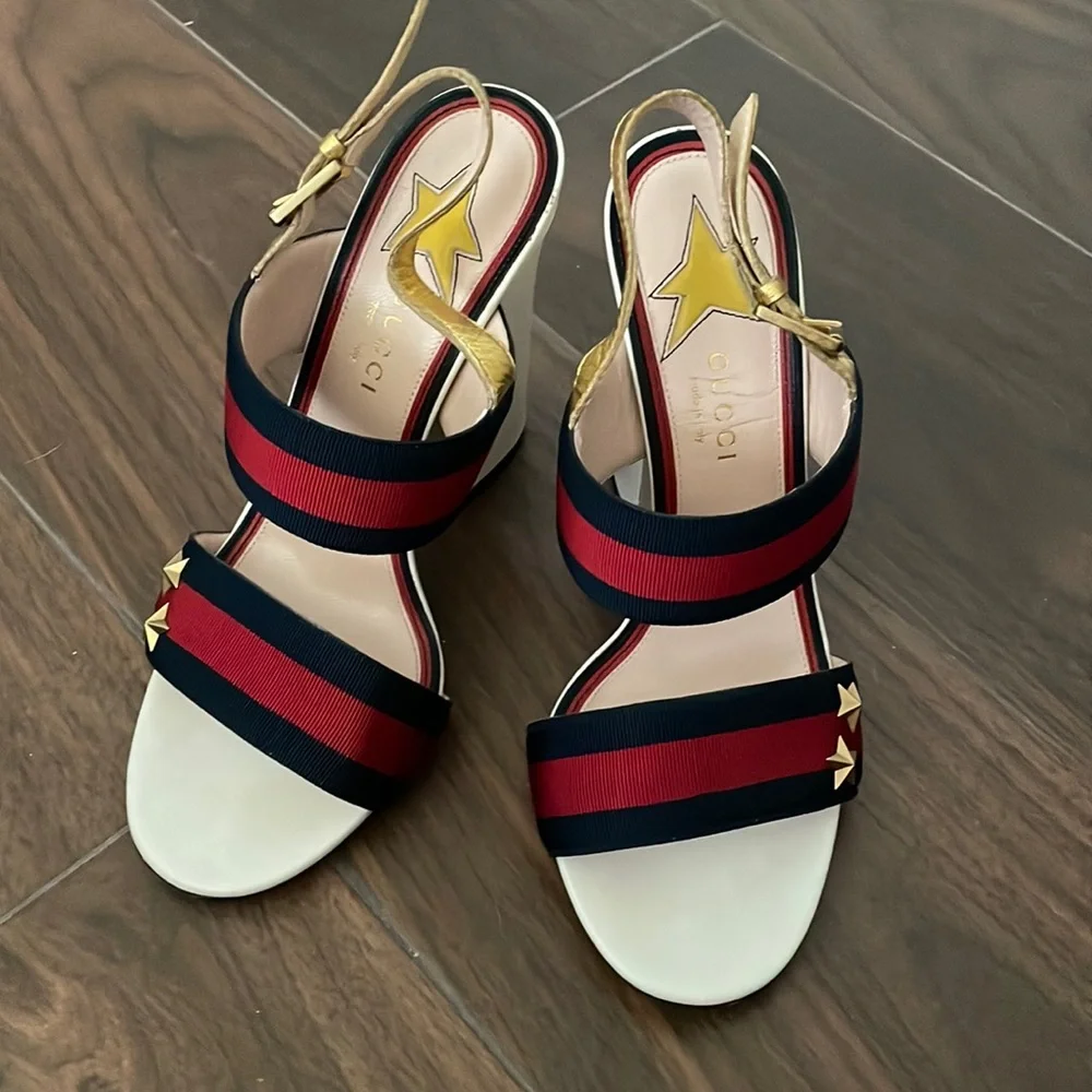 Gucci Grosgrain Web Aline Heel Sandal 38 - Picture 1 of 7